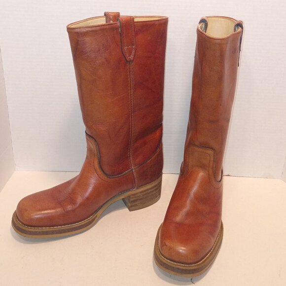 '80s DINGO 8.5M/10W Campus Moto Boots 7205 Square Toe Tan Leather *Almost-New - Picture 2 of 15